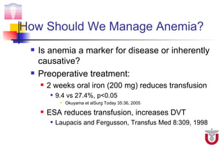 How Should We Manage Anemia?
    Is anemia a marker for disease or inherently
     causative?
    Preoperative treatment:
        2 weeks oral iron (200 mg) reduces transfusion
             9.4 vs 27.4%, p<0.05
                  Okuyama et alSurg Today 35:36, 2005

        ESA reduces transfusion, increases DVT
             Laupacis and Fergusson, Transfus Med 8:309, 1998
 