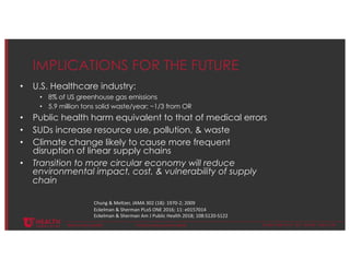 © U N I V E R S I T Y O F U T A H H E A L T H
IMPLICATIONS FOR THE FUTURE
• U.S. Healthcare industry:
• 8% of US greenhouse gas emissions
• 5.9 million tons solid waste/year; ~1/3 from OR
• Public health harm equivalent to that of medical errors
• SUDs increase resource use, pollution, & waste
• Climate change likely to cause more frequent
disruption of linear supply chains
• Transition to more circular economy will reduce
environmental impact, cost, & vulnerability of supply
chain
@ H a r r i e t H o p f M D # c l i n i c a l l y s u s t a i n a b l e
Chung & Meltzer, JAMA 302 (18): 1970-2; 2009
Eckelman & Sherman PLoS ONE 2016; 11: e0157014
Eckelman & Sherman Am J Public Health 2018; 108:S120-S122
 