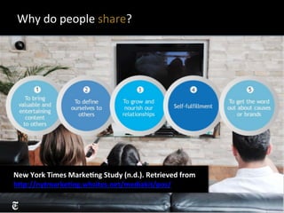 Why	
  do	
  people	
  share?	
  
New	
  York	
  Times	
  MarkeUng	
  Study	
  (n.d.).	
  Retrieved	
  from	
  
hSp://nytmarkeUng.whsites.net/mediakit/pos/	
  	
  	
  
 