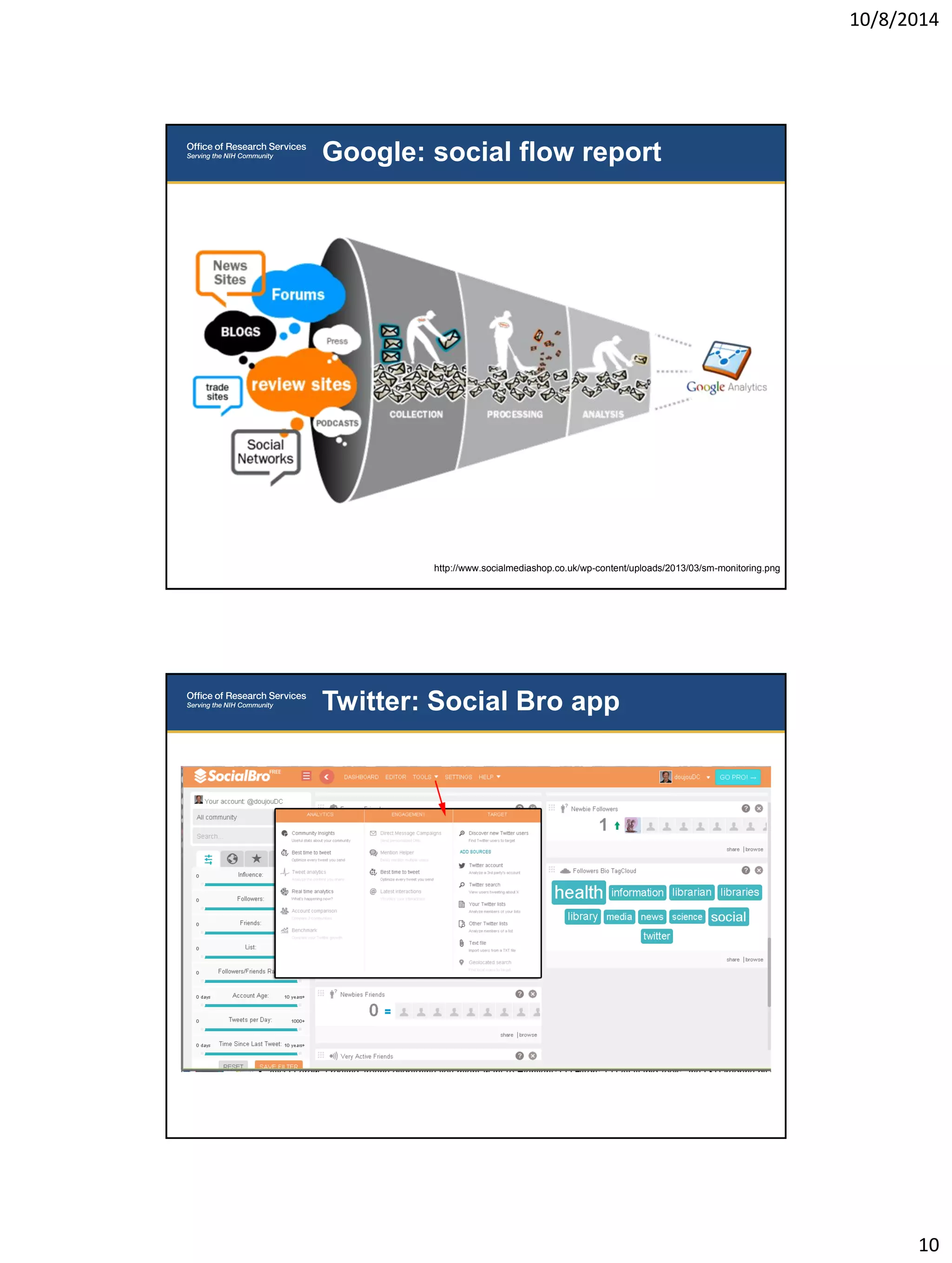 10/8/2014 
10 
Google: social flow report 
http://www.socialmediashop.co.uk/wp-content/uploads/2013/03/sm-monitoring.png 
Twitter: Social Bro app 
 