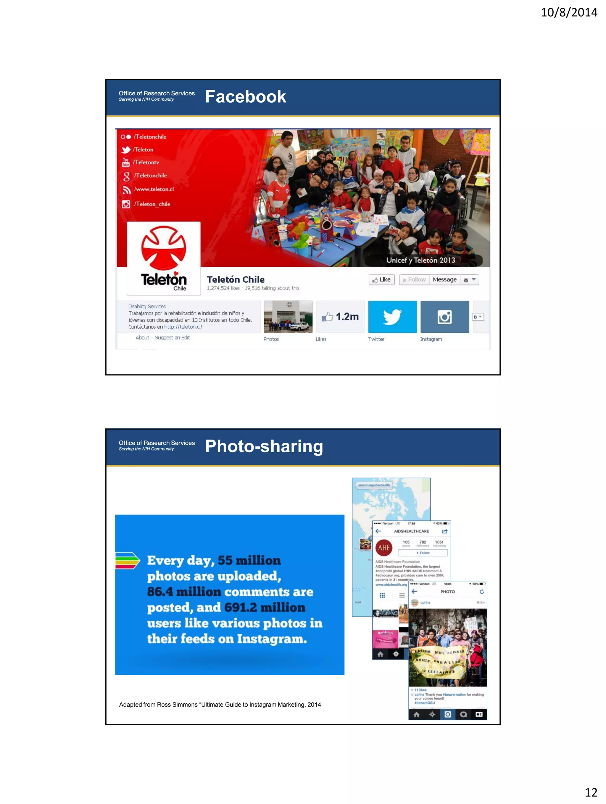 10/8/2014 
12 
Facebook 
Photo-sharing 
Adapted from Ross Simmons “Ultimate Guide to Instagram Marketing, 2014 
 