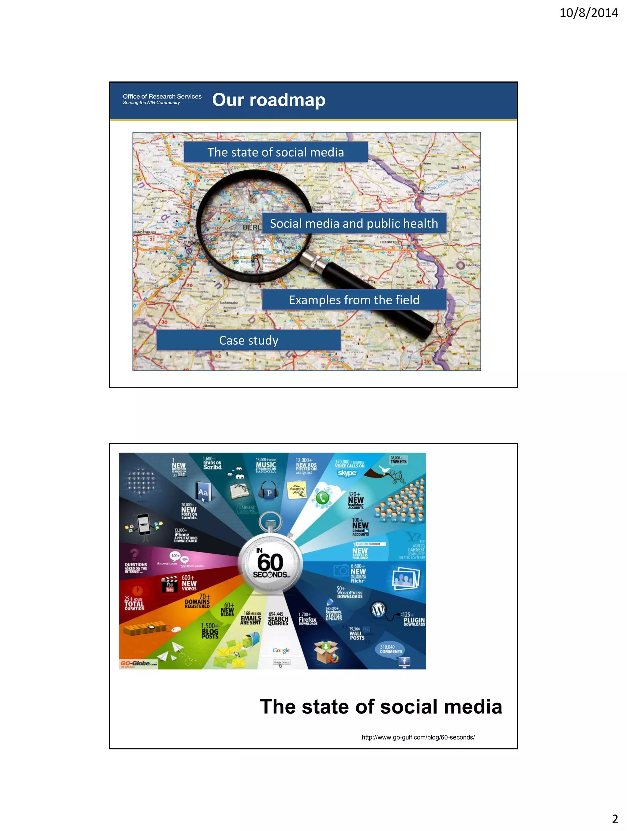 10/8/2014 
2 
Our roadmap 
The state of social media 
Case study 
Social media and public health 
Examples from the field 
http://www.go-gulf.com/blog/60-seconds/ 
The state of social media 
 