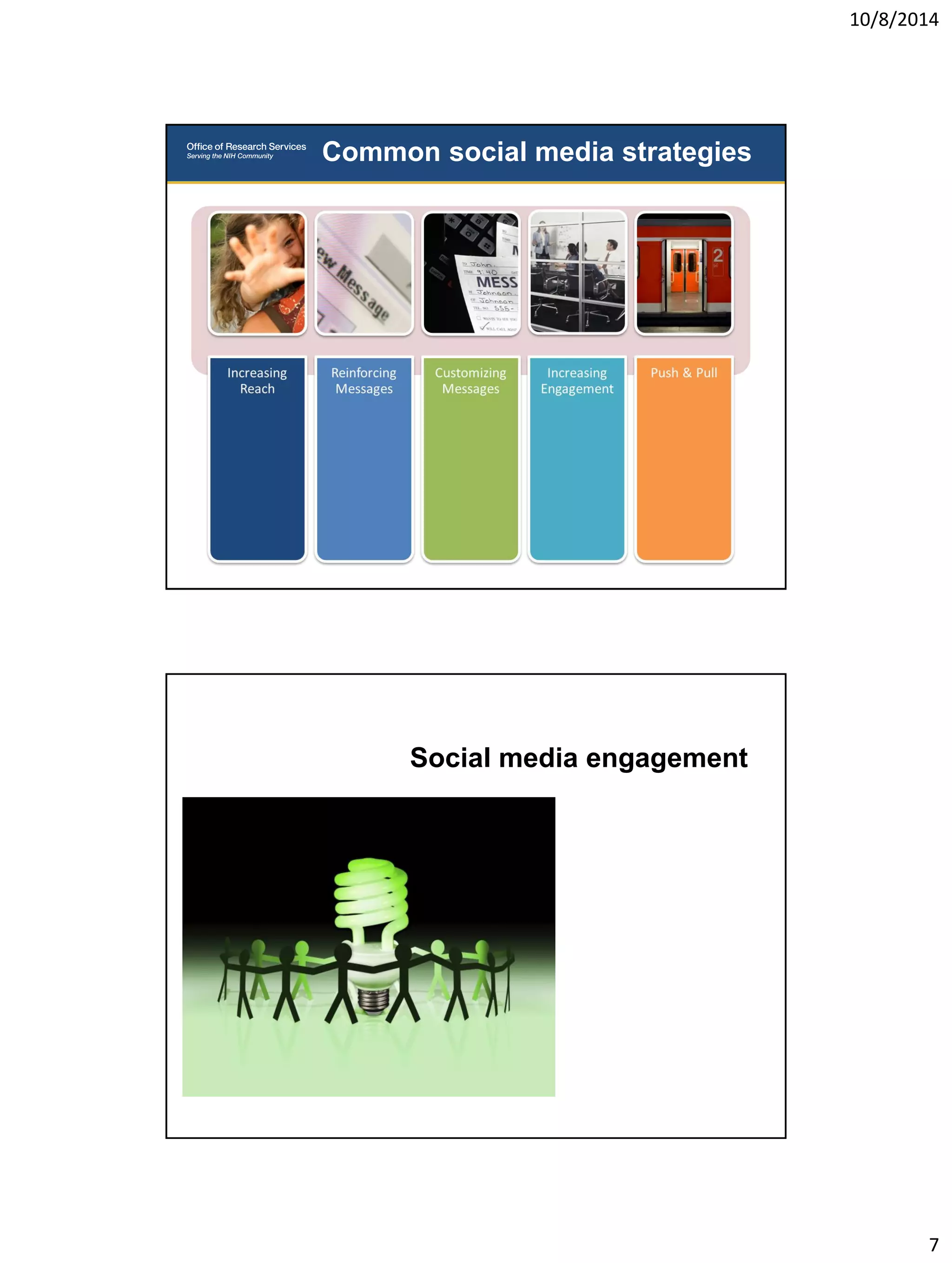 10/8/2014 
7 
Common social media strategies 
Social media engagement 
 