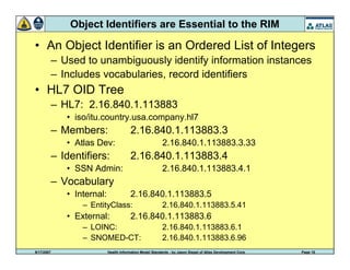 9/17/2007 Health Information Model Standards - by Jason Siegel of Atlas Development Corp Page 15
Object Identifiers are Essential to the RIM
• An Object Identifier is an Ordered List of Integers
– Used to unambiguously identify information instances
– Includes vocabularies, record identifiers
• HL7 OID Tree
– HL7: 2.16.840.1.113883
• iso/itu.country.usa.company.hl7
– Members: 2.16.840.1.113883.3
• Atlas Dev: 2.16.840.1.113883.3.33
– Identifiers: 2.16.840.1.113883.4
• SSN Admin: 2.16.840.1.113883.4.1
– Vocabulary
• Internal: 2.16.840.1.113883.5
– EntityClass: 2.16.840.1.113883.5.41
• External: 2.16.840.1.113883.6
– LOINC: 2.16.840.1.113883.6.1
– SNOMED-CT: 2.16.840.1.113883.6.96
 