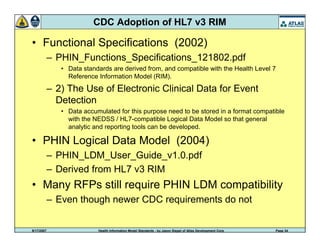 9/17/2007 Health Information Model Standards - by Jason Siegel of Atlas Development Corp Page 34
CDC Adoption of HL7 v3 RIM
• Functional Specifications (2002)
– PHIN_Functions_Specifications_121802.pdf
• Data standards are derived from, and compatible with the Health Level 7
Reference Information Model (RIM).
– 2) The Use of Electronic Clinical Data for Event
Detection
• Data accumulated for this purpose need to be stored in a format compatible
with the NEDSS / HL7-compatible Logical Data Model so that general
analytic and reporting tools can be developed.
• PHIN Logical Data Model (2004)
– PHIN_LDM_User_Guide_v1.0.pdf
– Derived from HL7 v3 RIM
• Many RFPs still require PHIN LDM compatibility
– Even though newer CDC requirements do not
 