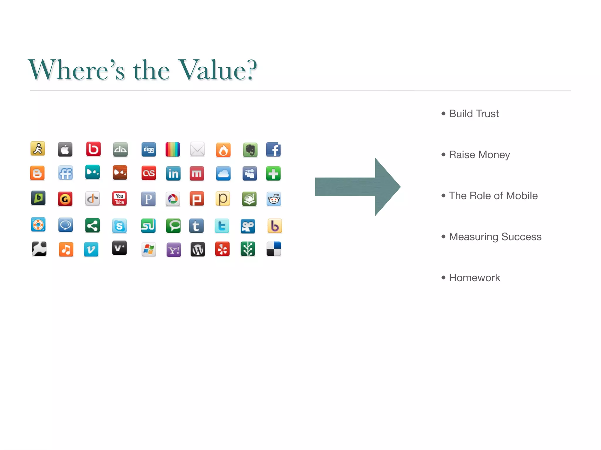 Where’s the Value?
                     • Build Trust


                     • Raise Money


                     • The Role of Mobile


                     • Measuring Success


                     • Homework
 