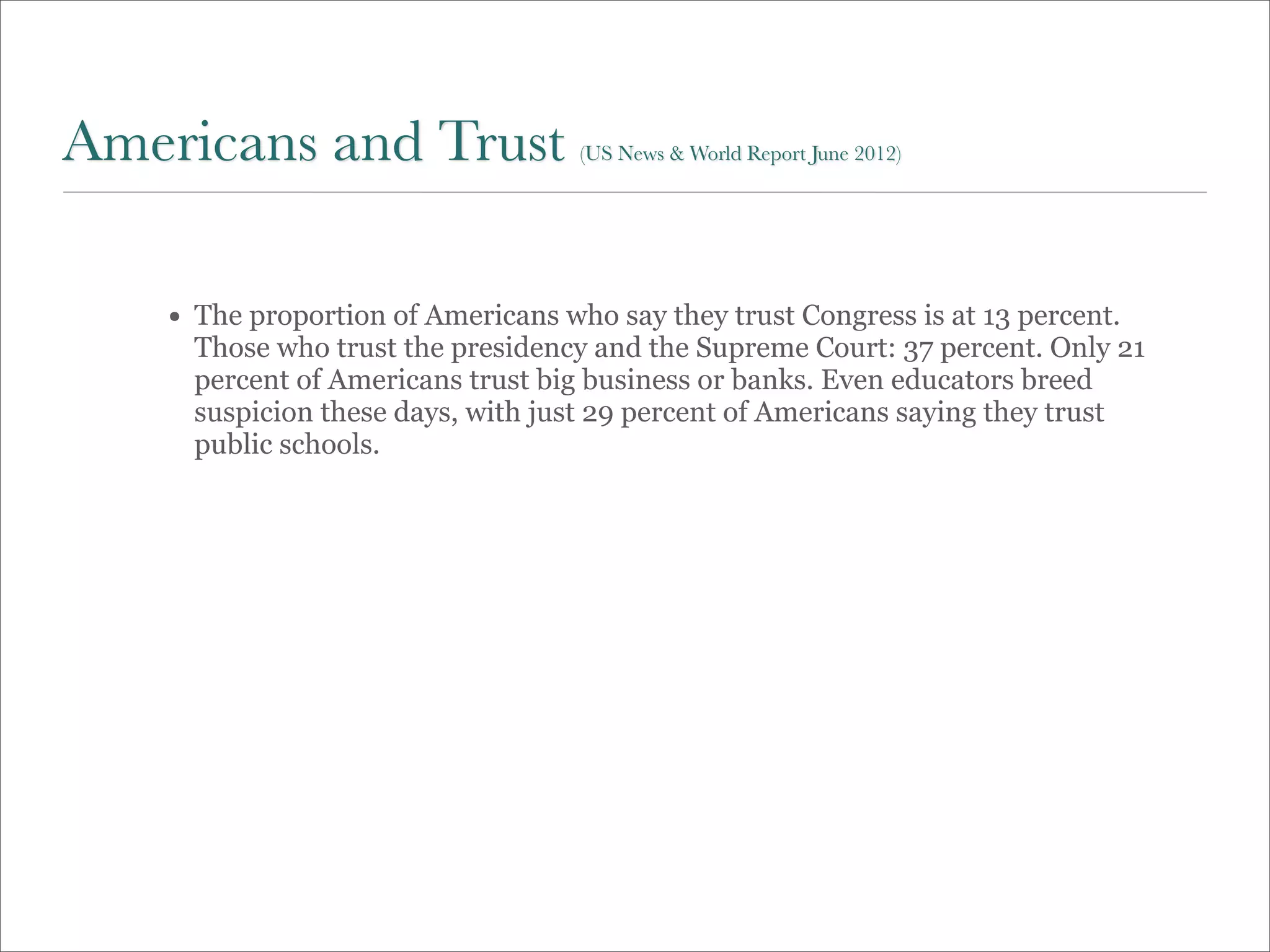 Americans and Trust                (US News & World Report June 2012)




   • The proportion of Americans who say they trust Congress is at 13 percent.
     Those who trust the presidency and the Supreme Court: 37 percent. Only 21
     percent of Americans trust big business or banks. Even educators breed
     suspicion these days, with just 29 percent of Americans saying they trust
     public schools.
 