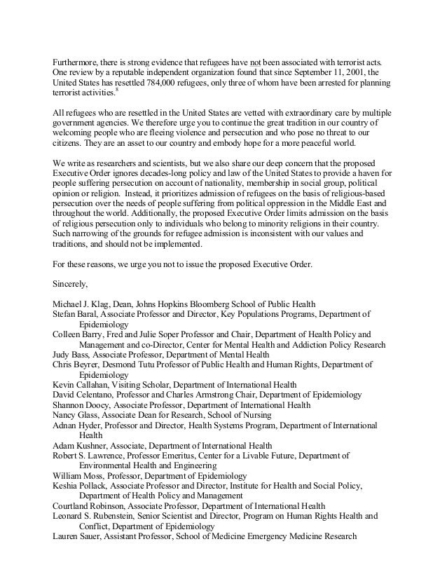 Johns Hopkins School of Public Health Letter to Pres Trump