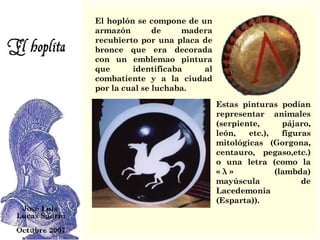 El hoplón se compone de un armazón de madera recubierto por una placa de bronce que era decorada con un emblemao pintura que identificaba al combatiente y a la ciudad por la cual se luchaba.  Estas pinturas podían representar animales (serpiente, pájaro, león, etc.), figuras mitológicas (Gorgona, centauro, pegaso,etc.) o una letra (como la « λ » (lambda) mayúscula de Lacedemonia (Esparta)). 