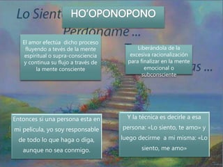 Entonces si una persona esta en
mi película, yo soy responsable
de todo lo que haga o diga,
aunque no sea conmigo.
Y la técnica es decirle a esa
persona: «Lo siento, te amo» y
luego decirme a mi misma: «Lo
siento, me amo»
El amor efectúa dicho proceso
fluyendo a tevés de la mente
espiritual o supra-consciencia
y continua su flujo a través de
la mente consciente
Liberándola de la
excesiva racionalización
para finalizar en la mente
emocional o
subconsciente
 