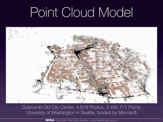 Point Cloud Model




Dubrovnik Old City Center, 4.619 Photos, 3.485.717 Points
 University of Washington in Seattle, fund...