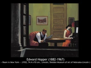 Edward Hopper (1882-1967)
« Room in New York » (1932, 74.4 x 93 cm., Lincoln, Sheldon Museum of Art of Nebraska-Lincoln )
 