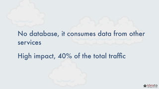 No database, it consumes data from other
services
High impact, 40% of the total trafﬁc
 