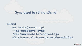Sync asset to s3 via s3cmd
s3cmd  
-m text/javascript  
--no-preserve sync  
/var/www/mobile/content/js  
s3://com-calciomercato-cdn-mobile/
 