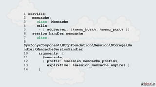 1 services:
2 memcache:
3 class: Memcache
4 calls:
5 - [ addServer, [%memc_host%, %memc_port% ]]
6 session.handler.memcache:
7 class:
8
SymfonyComponentHttpFoundationSessionStorageHa
ndlerMemcacheSessionHandler
10 arguments: [
11 @memcache,
12 { prefix: %session_memcache_prefix%,
13 expiretime: %session_memcache_expire% }
14 ]
 