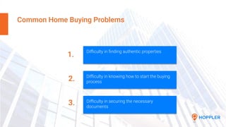 Common Home Buying Problems
1.
Diﬃculty in ﬁnding authentic properties
2.
3.
Diﬃculty in knowing how to start the buying
p...