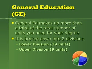 General Education (GE) General Ed makes up more than a third of the total number of units you need for your degree It is broken down into 2 divisions Lower Division (39 units) Upper Division (9 units) 