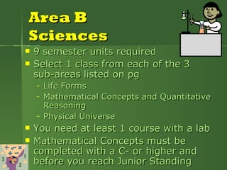 Area B Sciences 9 semester units required Select 1 class from each of the 3  sub-areas listed on pg Life Forms Mathematical Concepts and Quantitative Reasoning Physical Universe You need at least 1 course with a lab Mathematical Concepts must be completed with a C- or higher and  before you reach Junior Standing 