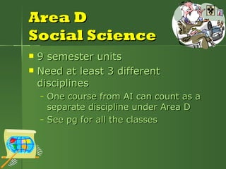 Area D Social Science 9 semester units Need at least 3 different disciplines One course from AI can count as a separate discipline under Area D See pg for all the classes 