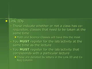 Link IDs These indicate whether or not a class has co-requisites, classes that need to be taken at the same time Math and Science Classes will have this the most You  MUST  register for the lab/activity at the same time as the lecture You  MUST  register for the lab/activity that corresponds with a particular lecture These are denoted by letters in the Link ID and Co Req Column 