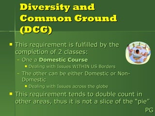 This requirement is fulfilled by the completion of 2 classes: One a  Domestic Course Dealing with Issues WITHIN US Borders The other can be either Domestic or Non-Domestic Dealing with Issues across the globe This requirement tends to double count in other areas, thus it is not a slice of the “pie” PG Diversity and Common Ground (DCG) 