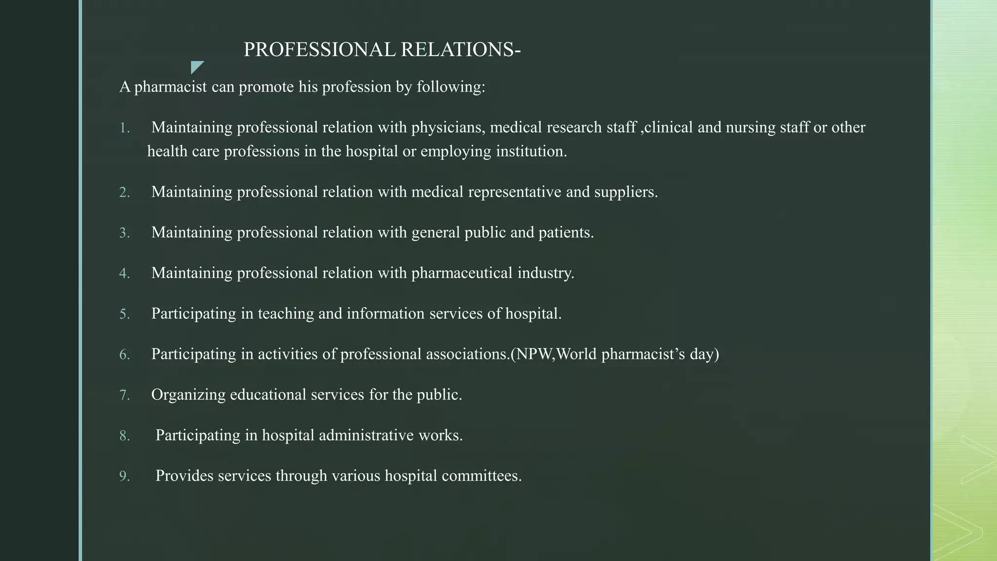 Provider Relations PROFESSIONAL RELATIONS AND PRACTICES OF HOSPITAL PHARMACIST.pptx