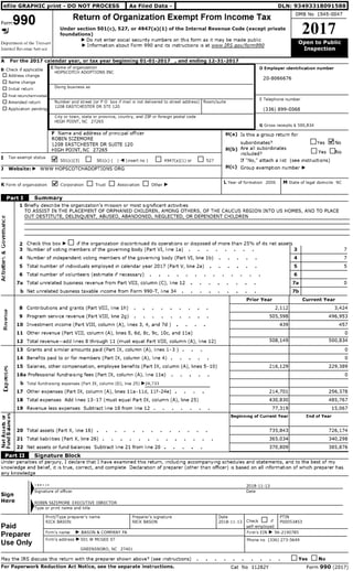 efile GRAPHIC rint - DO NOT PROCESS As Filed Data - DLN:93493318091588
Form990
Return of Organization Exempt From Income Tax
OMB No 1545-0047
~
Under section 501(c), 527, or 4947(a)(1) of the Internal Revenue Code (except private
foundations) 2017
DepJrtmc-nt of the TreJ~uT"
Intem~d Re C"nuC" ~ef Ice
~ Do not enter social security numbers on this form as It may be made public
~ Information about Form 990 and ItS instructions IS at www IRS qovlform990
Open to Public
Inspection
A F th 2017or e d tca en ar year, or ax year begmnmg 01 01 2017- - , and d'en mg 12 31 2017- -
B Check If applicable
CName of organization D Employer Identification number
D Address change
HOPSCOTCH ADOPTIONS INC
20-8066676
D Name change
D Initial return DOing business as
D Final return/terminated
D Amended return Number and street (or PObox If mall IS not delivered to street address) IRoom/suite
ETelephone number
D Application pending 1208 EASTCHESTER DR STE 120
(336) 899-0068
City or town, state or proVince, country, and ZIP or foreign postal code
HIGH POINT, NC 27265
G Gross receipts $ 500,834
F Name and address of principal officer H(a) Is this a group return for
ROBIN SIZEMORE
OYes ~No1208 EASTCHESTER DR SUITE 120 subordinates?
HIGH POINT, NC 27265 H(b) Are all subordinates
OYes ONoIncluded?
I Tax-exempt status
~ 501(c)(3) 0 501(c) ( ) ~ (Insert no ) o 4947(a)(1) or o 527 If "No," attach a list (see instructions)
J Website: ~ WWW HOPSCOTCHADOPTIONS ORG H(c) Group exemption number ~
K Form of organization ~ Corporation o Trust 0 Association o Other ~ L Year of formation 2006 IM State of legal domicile NC
_:£.I
[_. Summary
1 Briefly describe the organization's mission or most significant activities
TO ASSIST IN THE PLACEMENT OF ORPHANED CHILDREN, AMONG OTHERS, OF THE CAUCUS REGION INTO US HOMES, AND TO PLACE
'" OUT DESTITUTE, DELINQUENT, ABUSED, ABANDONED, NEGLECTED, OR DEPENDENT CHILDREN
~
~a;
>
Check this box ~ 0 If the organization discontinued ItS operations or disposed of more than 25% of ItS net assets0
2
~
>o:j
3 Number of voting members of the governing body (Part VI, line la) 3
v', 4 Number of Independent voting members of the governing body (Part VI, line lb) 4
<l>
~
5 Total number of individuals employed In calendar year 2017 (Part V, line 2a) 5
'-' 6 Total number of volunteers (estimate If necessary) 6
ct
7a Total unrelated business revenue from Part VIII, column (C), line 12 7a
b Net unrelated business taxable Income from Form 990-T, line 34 7b
Prior Year Current Year
7
7
5
0
~
8 Contributions and grants (Part VIII, line lh) 2,112 3,424
~
9 Program service revenue (Part VIII, line 2g) 505,598 496,953(j;
:>
10 Investment Income (Part VIII, column (A), lines 3, 4, and 7d ) 439 457",c:
11 Other revenue (Part VIII, column (A), lines 5, 6d, 8c, 9c, 10c, and 11e) 0
12 Total revenue-add lines 8 through 11 (must equal Part VIII, column (A), line 12) 508,149 500,834
13 Grants and similar amounts paid (Part IX, column (A), lines 1-3 ) 0
14 Benefits paid to or for members (Part IX, column (A), line 4) 0
~
15 Salaries, other compensation, employee benefits (Part IX, column (A), lines 5-10) 216,129 229,389
V> 16a Professional fundralslng fees (Part IX, column (A), line 11e) 0
~
0.. b Total fundralslng expenses (Part IX, column (D), line 25) ~24,733
~ 17 Other expenses (Part IX, column (A), lines 11a-11d, l1f-24e) 214,701 256,378
18 Total expenses Add lines 13-17 (must equal Part IX, column (A), line 25) 430,830 485,767
19 Revenue less expenses Subtract line 18 from line 12 77,319 15,067
~~ Beginning of Current Year End of Year
t)2!~C"C
~C'!! 20 Total assets (Part X, line 16) 735,843 726,174
<ctl
21 Total liabilities (Part X, line 26) 365,034 340,298-"2!~:;,
Z .... 22 Net assets or fund balances Subtract line 21 from line 20 370,809 385,876
.:E-T l_•• Signature Block
Under penalties of perjury, I declare that I have examined thiS return, including accompanying schedules and statements, and to the best of my
knowledge and belief, It IS true, correct, and complete Declaration of preparer (other than officer) IS based on all information of which preparer has
any knowledge
~'** "*
2018-11-13
Sign
Signature of officer Date
Here ~ROBIN SIZEMORE EXECUTIVE DIRECTOR
Type or print name and title
Print/Type preparer's name IPreparer's signature IDate IPTIN
RICK BASON RICK BASON 2018-11-13 Check 0 If POO053453
Paid self-emDloved
Preparer Firm's name ~ BASON & COMPANY PA Firm's EIN ~ 56-2190785
Use Only
Firm's address ~ 501 W MCGEE ST Phone no (336) 273-5649
GREENSBORO, NC 27401
May the IRS discuss thiS return with the preparer shown above? (see instructions) OYes ONo
For Paperwork Reduction Act Notice, see the separate instructions. Cat No 11282Y Form 990 (2017)
 