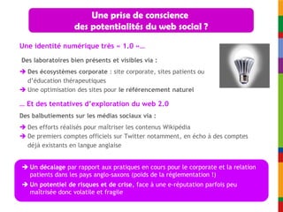 Une prise de conscience
                  des potentialités du web social ?
Une identité numérique très « 1.0 »…
Des laboratoires bien présents et visibles via :
 Des écosystèmes corporate : site corporate, sites patients ou
  d’éducation thérapeutiques
 Une optimisation des sites pour le référencement naturel

… Et des tentatives d’exploration du web 2.0
Des balbutiements sur les médias sociaux via :
 Des efforts réalisés pour maîtriser les contenus Wikipédia
 De premiers comptes officiels sur Twitter notamment, en écho à des comptes
  déjà existants en langue anglaise


 Un décalage par rapport aux pratiques en cours pour le corporate et la relation
  patients dans les pays anglo-saxons (poids de la réglementation !)
 Un potentiel de risques et de crise, face à une e-réputation parfois peu
  maîtrisée donc volatile et fragile
 