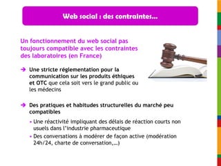 Web social : des contraintes…


Un fonctionnement du web social pas
toujours compatible avec les contraintes
des laboratoires (en France)

 Une stricte réglementation pour la
  communication sur les produits éthiques
  et OTC que cela soit vers le grand public ou
  les médecins

 Des pratiques et habitudes structurelles du marché peu
  compatibles
   • Une réactivité impliquant des délais de réaction courts non
     usuels dans l’industrie pharmaceutique
   • Des conversations à modérer de façon active (modération
     24h/24, charte de conversation,…)
 