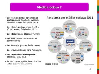 Médias sociaux ?


• Les réseaux sociaux personnels et
  professionnels (Facebook, MySpace,
  LinkedIn, Viadeo, Foursquare, etc.)

• Les sites de partage photo et vidéo
  (Flickr, Viadeo, DailyMotion, etc.)

• Les sites de micro-blogging (Twitter)

• Les blogs (production de billets et
  commentaires)

• Les forums et groupes de discussion

• Les encyclopédies en ligne (Wikipedia)

• Les sites de bookmarking social
  (delicious, Digg, etc.)

• Et tout site susceptible de récolter des
  votes, des avis, des opinions

                                                           4
 