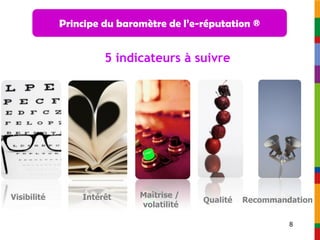 Principe du baromètre de l’e-réputation ®


                      5 indicateurs à suivre




Visibilité       Intérêt     Maîtrise /
                                          Qualité   Recommandation
                             volatilité

                                                             8
 
