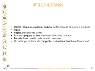 Ensemble, vers un tourisme responsable 2
• Pierres, briques ou rondeau de bois, en fonction de ce qu’il y a de dispo.
• Paille
• Raphia ou ficelle de jardin.
• Plusieurs piquets en bois d’environ 150cm de hauteur.
• Pots de fleurs cassés ou boites de conserve.
• Un mélange de terre, de compost et de fumier animal bien décomposé.
 