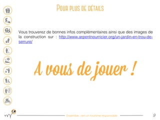 Ensemble, vers un tourisme responsable 9
Vous trouverez de bonnes infos complémentaires ainsi que des images de
la construction sur : http://www.arpentnourricier.org/un-jardin-en-trou-de-
serrure/
 