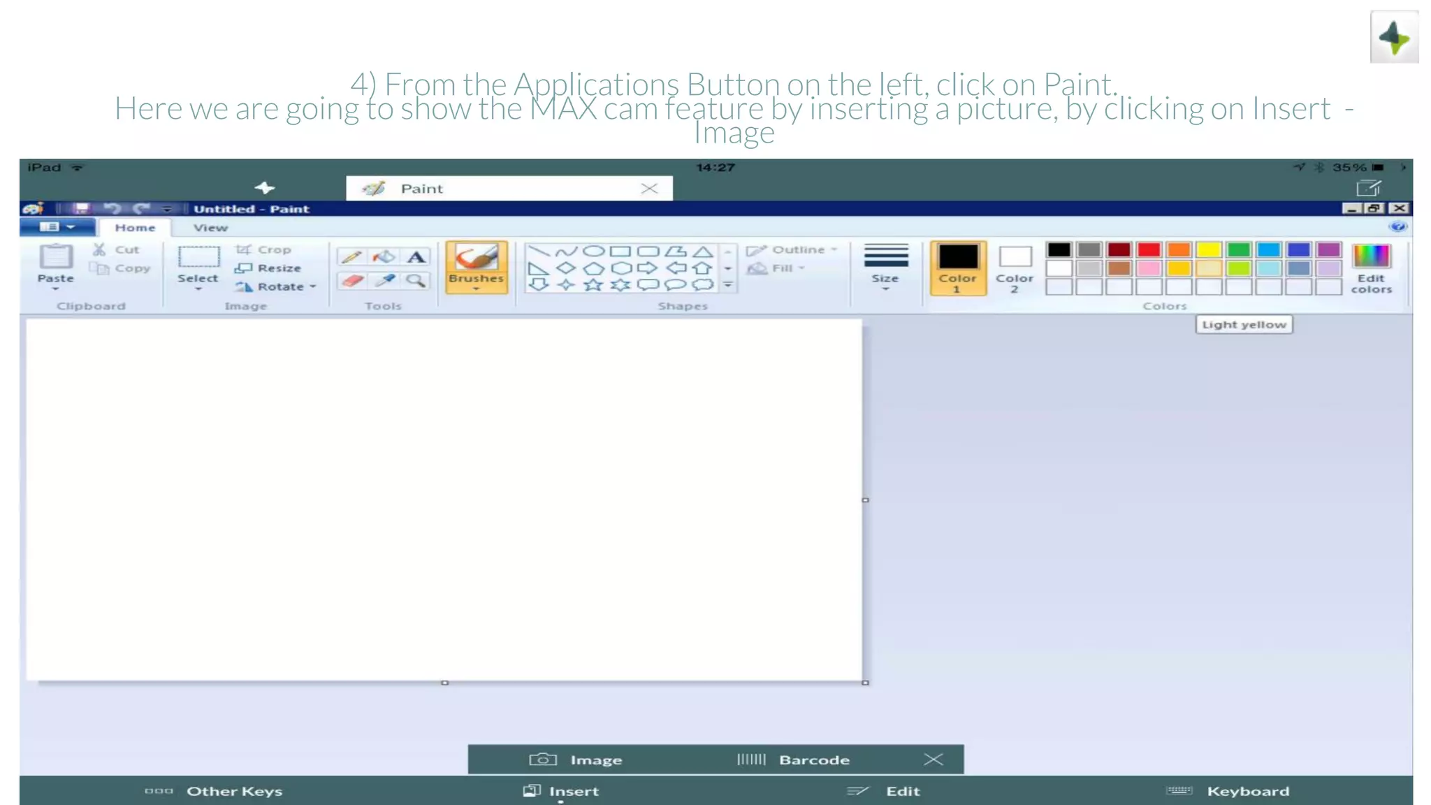 4) From the Applications Button on the left, click on Paint.
Here we are going to show the MAX cam feature by inserting a picture, by clicking on Insert -
Image
 