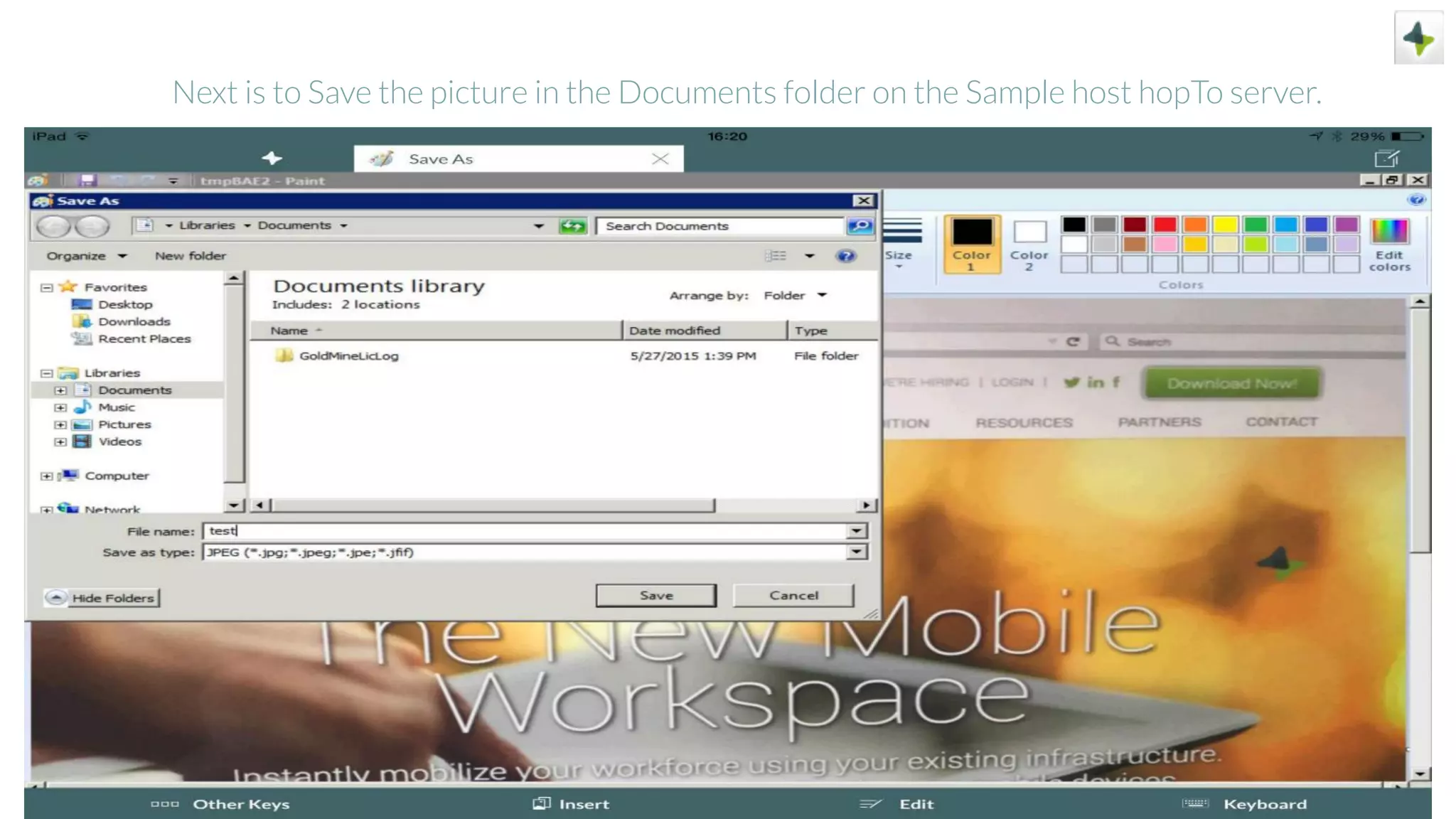 Next is to Save the picture in the Documents folder on the Sample host hopTo server.
 