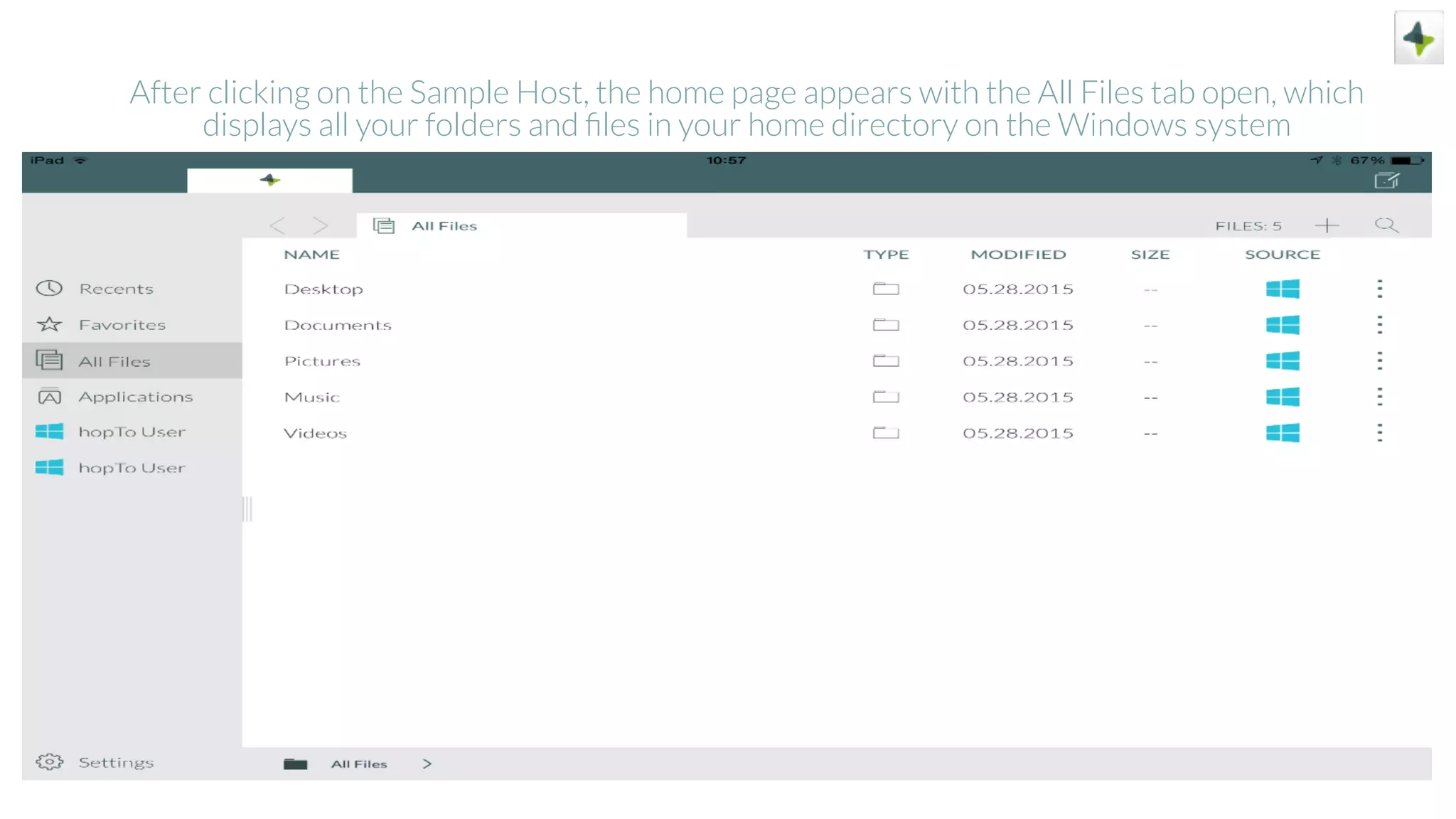 After clicking on the Sample Host, the home page appears with the All Files tab open, which
displays all your folders and ﬁles in your home directory on the Windows system
 