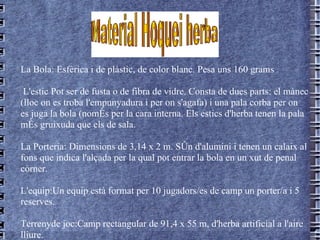 La Bola: Esfèrica i de plàstic, de color blanc. Pesa uns 160 grams L'estic Pot ser de fusta o de fibra de vidre. Consta de dues parts: el mànec (lloc on es troba l'empunyadura i per on s'agafa) i una pala corba per on es juga la bola (només per la cara interna. Els estics d'herba tenen la pala més gruixuda que els de sala.  La Porteria: Dimensions de 3,14 x 2 m. Són d'alumini i tenen un calaix al fons que indica l'alçada per la qual pot entrar la bola en un xut de penal còrner.  L'equip:Un equip està format per 10 jugadors/es de camp un porter/a i 5 reserves.  Terrenyde joc:Camp rectangular de 91,4 x 55 m, d'herba artificial a l'aire lliure.  