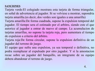 SANCIONES Tarjeta verde:El colegiado mostrara esta tarjeta de forma triangular, en señal de advertencia al jugador. Si se volviese a mostrar, supondria tarjeta amarilla.(es decir, dos verdes son iguales a una amarilla)  Tarjeta amarilla:De forma cuadrada, supone la expulsion temporal del jugador. El tiempo sera el estimado por el arbitro, siendo este el que autorice al jugador a entrar de nuevo al campo. La acumulacion de tarjetas amarillas, no supone la tarjeta roja, pero aumentara el tiempo de expulsion a criterio del árbitro.  Tarjeta roja:De forma circular, supone la expulsion definitiva de un jugador del terreno de juego.  El equipo que sufra una expulsion, ya sea temporal o definitiva, no podra reemplazar al expulsado por otro jugador. Y si la amostacion recae sobre un jugador del banquillo, un integrante de su equipo debera abandonar el terreno de juego.    4. 