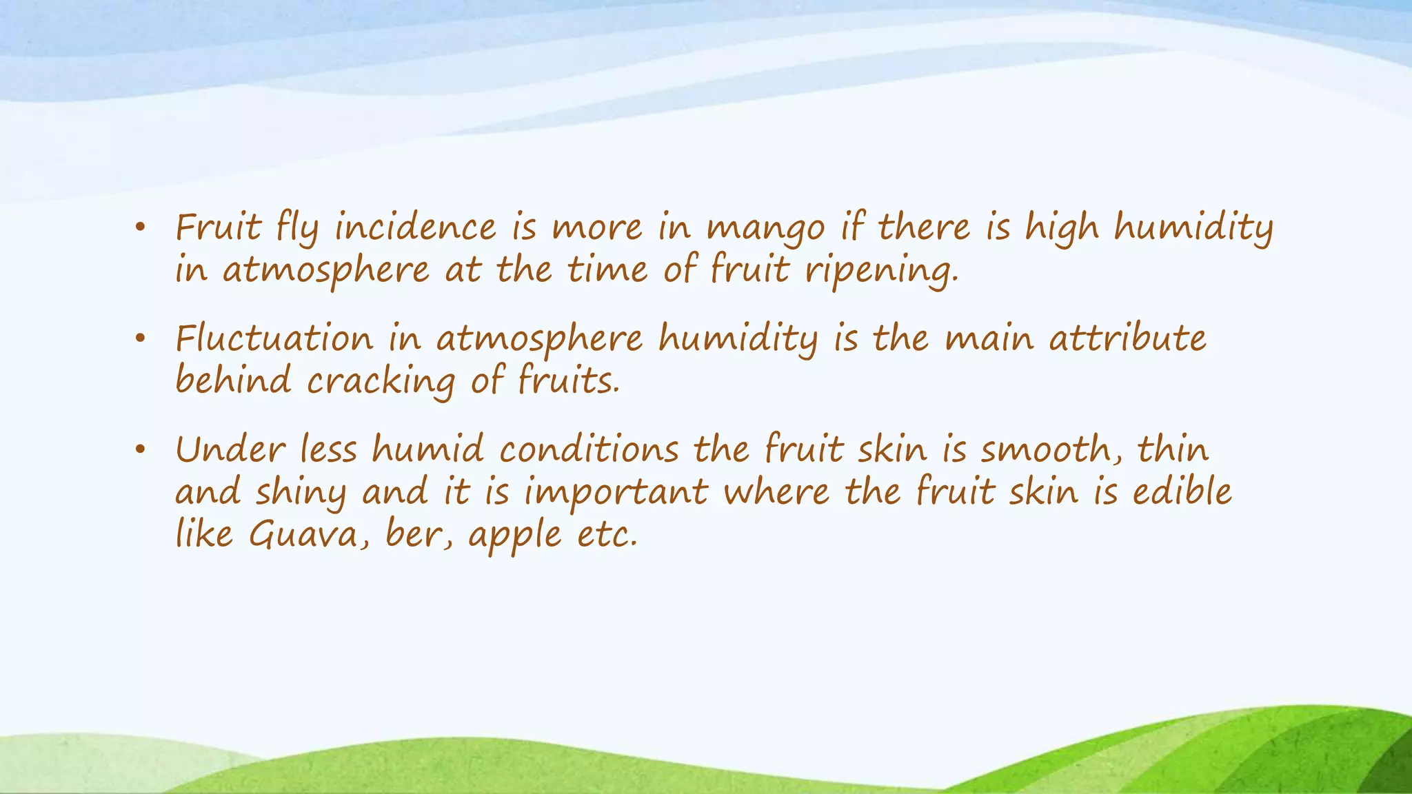 • Fruit fly incidence is more in mango if there is high humidity
in atmosphere at the time of fruit ripening.
• Fluctuation in atmosphere humidity is the main attribute
behind cracking of fruits.
• Under less humid conditions the fruit skin is smooth, thin
and shiny and it is important where the fruit skin is edible
like Guava, ber, apple etc.
 