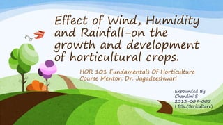 Effect of Wind, Humidity
and Rainfall-on the
growth and development
of horticultural crops.
HOR 101 Fundamentals Of Horticulture
Course Mentor: Dr. Jagadeeshwari
Expounded By:
Chandini S
2013-009-005
I BSc.(Sericulture)
 