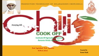 P R O D U C T I O N T E C H N O L O G Y O F S O L A N A C E O U S C R O P ( C H I L I )
Annoying chili
Presented By :
Kumar Harsh
Institute Of Agricultural Sciences
Banaras Hindu University
Rural Agricultural Work Experience
HOR-411 4(0+4)
 