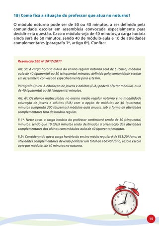 15
18) Como fica a situação do professor que atua no noturno?
O módulo noturno pode ser de 50 ou 40 minutos, a ser definido pela
comunidade escolar em assembleia convocada especialmente para
decidir esta questão. Caso o módulo seja de 40 minutos, a carga horária
ainda será de 50 minutos, sendo 40 de módulo-aula e 10 de atividades
complementares (paragrafo 1º, artigo 6º). Confira:
Resolução SEE nº 2017/2011
Art. 5º. A carga horária diária do ensino regular noturno será de 5 (cinco) módulos
aula de 40 (quarenta) ou 50 (cinquenta) minutos, definida pela comunidade escolar
em assembleia convocada especificamente para este fim.
Parágrafo Único. A educação de jovens e adultos (EJA) poderá ofertar módulos-aula
de 40 (quarenta) ou 50 (cinquenta) minutos.
Art. 6º. Os alunos matriculados no ensino médio regular noturno e na modalidade
educação de jovens e adultos (EJA) com a opção de módulos de 40 (quarenta)
minutos cumprirão 200 (duzentos) módulos-aula anuais, sob a forma de atividades
complementares fora do horário regular.
§ 1º. Neste caso, a carga horária do professor continuará sendo de 50 (cinquenta)
minutos, sendo que 10 (dez) minutos serão destinados à orientação das atividades
complementares dos alunos com módulos-aula de 40 (quarenta) minutos.
§ 2º. Considerando que a carga horária do ensino médio regular é de 833:20h/ano, as
atividades complementares deverão perfazer um total de 166:40h/ano, caso a escola
opte por módulos de 40 minutos no noturno.
 