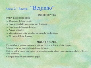 Anexo 2 – Receita   “Beijinho” INGREDIENTES PARA 1.800 BEIJINHOS: 03 pacotes de leite em pó; Coco seco ralado para passar nos docinhos; Cravos- da-índia para decorar; Açúcar refinado; Margarina para untar as mãos para enrolar os docinhos; 20 vidros de leite de coco. MODO DE FAZER: Em uma bacia  grande, coloque o leite de coco, o açúcar e o leite em pó. Misture bem, até desprender do fundo da bacia. Unte as mãos com a margarina para enrolar os docinhos, passe no coco ralado e decore com os cravos. Coloque docinhos em forma de papel 