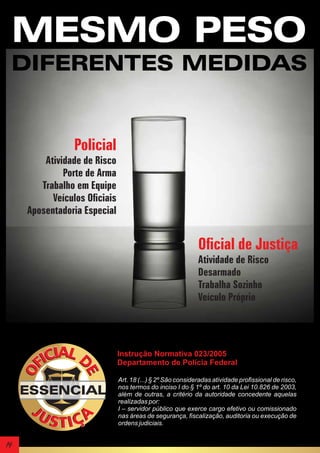 MESMO PESO
DIFERENTES MEDIDAS

Policial
Atividade de Risco
Porte de Arma
Trabalho em Equipe
Veículos Oficiais
Aposentadoria Especial

ATÉ
QUANDO?
Oficial de Justiça
Atividade de Risco
Desarmado
Trabalha Sozinho
Veículo Próprio

Instrução Normativa 023/2005
Departamento de Polícia Federal

ESSENCIAL

14

Art. 18 (...) § 2º São consideradas atividade profissional de risco,
nos termos do inciso I do § 1º do art. 10 da Lei 10.826 de 2003,
além de outras, a critério da autoridade concedente aquelas
realizadas por:
I – servidor público que exerce cargo efetivo ou comissionado
nas áreas de segurança, fiscalização, auditoria ou execução de
ordens judiciais.

 
