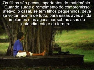 Os filhos são peças importantes do matrimônio. Quando surge o rompimento do compromisso afetivo, o casal, se tem filhos pequeninos, deve se voltar, acima de tudo, para essas aves ainda implumes e as agasalhar sob as asas do entendimento e da ternura.  