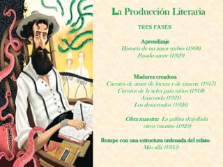 La Producción Literaria
               Tres fases

                Aprendizaje
        Historia de un amor turbio (1908)
               Pasado amor (1929)


             Madurez creadora
  Cuentos de amor de locura y de muerte (1917)
      Cuentos de la selva para niños (1918)
               Anaconda (1921)
             Los desterrados (1926)

         Obra maestra: La gallina degollada
               otros cuentos (1925)

Rompe con una estructura ordenada del relato
                 Más allá (1935)
 