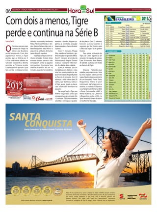 06      SEGUNDA e TERÇA-FEiRA, 14 e 15 de NOVEMBRO de 2011                                                                                www.horadosul.com.br




Com dois a menos, Tigre
perde e continua na Série B
SALVADOR                         sábado, no estádio Heriberto      mandou a bomba, Wagner es-          de do placar. Com 22 minutos,
                                 Hülse. Neste confronto, o téc-    palmou e, no rebote, a equipe       Giovani acabou fazendo o


O
         Criciúma não tem mais   nico Márcio Goiano não terá o     baiana perdeu a chance de abrir     segundo gol do Vitória, após
         chances de chegar na    lateral-esquerdo João Vitor e o   o placar.                           a falha da zaga e o do goleiro
         Série A do Brasileiro   atacante e artilheiro Zé Carlos         Com 15 minutos, Thiago        tricolor.
nesta temporada. Com dois        (autor do gol), expulsos.         Silvy mandou a bomba e o go-             Para piorar a situação do
jogadores a menos, o Tigre            A partida começou sem ne-    leiro Douglas fez grande defesa.    Tigre, Zé Carlos agrediu o ad-
perdeu para o Vitória por 3      nhuma emoção. Os dois times       Aos 31 minutos, a torcida do        versário e foi expulso de campo.
a 1 na tarde desse sábado em     erravam muitos passes e não       Vitória era só alegria. Giovani     E,aos 34 minutos, Neto Baiano,
Salvador. Ocupando a décima      conseguiam armar as jogadas       cruzou e o atacante Fábio San-      de pênalti, acabada com todas
posição, o Criciúma recebe       com perigo. A primeira boa        tos, de cabeça, abriu o placar.     as chances do Tigre.
o desesperado Barueri (que       chance do Vitória foi aos 10            Com 36 minutos, Zé Car-
luta contra o rebaixamento),     minutos, quando Fernandinho       los tabelou com Mateus e criou            Disputa - Faltando duas
                                                                   uma boa oportunidade de ata-        rodadas para se encerrar a Série
                                                                   que, mas acabou desperdiçando       B, cinco equipes lutam por três
                                                                   a chance do empate. Aos 43          vagas. Náutico (precisa somente
                                                                   minutos, a bola sobrou para Zé      de um empate), Ponte Preta,
                                                                   Carlos, que dominou, bateu e        Bragantino, Vitória e Sport
                                                                   o Tigre quase iguala o placar,      continuam na briga com as
                                                                   caso a bola não desviasse no        vitórias na rodada. O Náutico
                                                                   zagueiro.                           vai a Varginha enfrentar o BOA,
                                                                         Na etapa final, o Tigre era   a Ponte Preta recebe o ABC, o
                                                                   melhor na partida, tanto que        Vitória recebe o São Caetano e
                                                                   conseguiu buscar o empate. Aos      o Bragantino recebe o ASA e o
                                                                   15 minutos, Zé Carlos mandou        Sport recebe o Paraná do técni-
                                                                   a bomba e conseguiu a igualda-      co Guilherme Macuglia.
 