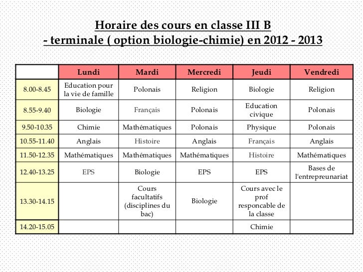 Horaire des cours