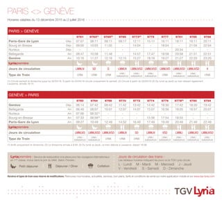 PARIS <> GENÈVE
Horaires valables du 13 décembre 2015 au 2 juillet 2016 + + + + + + + + + + + + + + + + + + + + + + + + + + + + + + + + + + + + + + + + + + + + +
Jours de circulation des trains :
Les tableaux horaires indiquent les jours où le TGV Lyria circule.
L - Lundi I M - Mardi I M - Mercredi I J - Jeudi
V - Vendredi I S - Samedi I D - Dimanche
Lyriapremière : Service de restauration à la place pour les voyageurs internationaux
en 1ère
classe, inclus dans le prix du billet. Selon l’horaire :
Horaires et types de train sous réserve de modifications. Retrouvez nos horaires, actualités, services, bon plans, tarifs et conditions de vente sur notre application mobile et sur www.tgv-lyria.com
Déjeuner / DînerPetit déjeuner Collation
(1) Circule samedi et dimanche jusqu’au 02/04/16. À partir du 03/04/16 circule uniquement le samedi. (2) Circule à partir du 03/04/16 (3) Du lundi au jeudi ce train dessert également
Lausanne, arrivée 16:15.
PARIS > GENÈVE
9761 9763(1)
9765(2)
9765 9773(3)
9775 9777 9781 9785 9789
Paris-Gare de Lyon Dép. 07:07 08:11 09:11 09:17 12:11 15:11 16:11 18:11 19:11 20:11
Bourg en Bresse Dép. 09:00 10:03 11:02 - 14:04 - 18:04 - 21:04 22:04
Nurieux Dép. - - - - - - - 20:34 - -
Bellegarde Arr. 09:47 10:58 11:48 - 14:57 17:47 18:58 20:58 21:51 22:51
Genève Arr. 10:16 11:27 12:16 12:15 15:27 18:16 19:27 21:27 22:20 23:20
Lyriapremière
Jours de circulation LMMJV SD D LMMJV LMMJVSD LMMJVSD LMMJVD LMMJVSD LMMJVSD V
Type de Train LYRIA LYRIA LYRIA
LYRIA /
EURODUPLEX
LYRIA /
EURODUPLEX
LYRIA /
EURODUPLEX LYRIA
LYRIA /
EURODUPLEX
LYRIA /
EURODUPLEX LYRIA
(1) Arrêt uniquement le dimanche. (2) Le dimanche arrivée à 8:59. (3) Du lundi au jeudi, ce train débute à Lausanne, départ 16:38.
GENÈVE > PARIS
9760 9764 9768 9770 9772 9774 9776 9778(3)
9780 9784
Genève Dép. 06:14 07:42 09:42 11:42 13:42 14:42 16:30 17:42 18:30 19:42
Bellegarde Arr. 06:40 08:07 10:07 12:07 14:07 15:07 16:56 18:05 18:57 20:07
Nurieux Arr. 07:06 08:32(1)
- - - - - - - -
Bourg-en-Bresse Arr. 07:33 08:56(2)
- - - 15:56 17:54 18:55 - -
Paris-Gare de Lyon Arr. 09:27 10:49 12:49 14:52 16:49 17:49 19:49 20:49 21:49 22:49
Lyriapremière
Jours de circulation LMMJVS LMMJVSD LMMJVSD LMMJV SD LMMJV VSD LMMJ LMMJVD LMMJVSD
Type de Train
LYRIA /
EURODUPLEX
LYRIA /
EURODUPLEX LYRIA LYRIA LYRIA
LYRIA /
EURODUPLEX
LYRIA /
EURODUPLEX
LYRIA /
EURODUPLEX
LYRIA /
EURODUPLEX
LYRIA /
EURODUPLEX
 