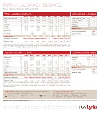 PARIS <> LAUSANNE / NEUCHÂTEL
Horaires valables du 13 décembre 2015 au 2 juillet 2016 + + + + + + + + + + + + + + + + + + + + + + + + + + + + + + + + + + + + + + + + + + + + +
Jours de circulation des trains :
Les tableaux horaires indiquent les jours où le TGV Lyria circule.
L - Lundi I M - Mardi I M - Mercredi I J - Jeudi
V - Vendredi I S - Samedi I D - Dimanche
Lyriapremière : Service de restauration à la place pour les voyageurs internationaux
en 1ère
classe, inclus dans le prix du billet. Selon l’horaire :
Horaires et types de train sous réserve de modifications. Retrouvez nos horaires, actualités, services, bon plans, tarifs et conditions de vente sur notre application mobile et sur www.tgv-lyria.com
Déjeuner / DînerPetit déjeuner Collation
PARIS > GENÈVE > LAUSANNE
9773
Paris-Gare de Lyon Dép. 12:11
Bourg en Bresse Dép. 14:04
Bellegarde Arr. 14:57
Genève Arr. 15:27
Lausanne Arr. 16:15
Lyriapremière
Jours de circulation LMMJ
Type de Train EURO
DUPLEX
(1) TGV Lyria des Neiges : le samedi du 19/12/15 au 02/04/16 inclus, le TGV Lyria n°9261, renuméroté 9263, dessert Montreux, Aigle,
Martigny, Sion, Sierre, Loèche, Viège et son terminus Brigue (arrivée 14:18) (2) Changement à Frasne pour Pontarlier / Neuchâtel, trajet
assuré en train CFF ou bus. (3) Samedi et dimanche départ à 13:34. (4) Le dimanche, arrivée à Dole 17:56, à Frasne 18:40 et à Vallorbe
18:56 (5) Le dimanche, arrivée à Dole 19:57, pas d’arrêt à Mouchard.
PARIS > LAUSANNE / NEUCHÂTEL
9261(1)
9281(2)
9269 9283(2)
9271 9273 9277 9289(2)
Paris-Gare de Lyon Dép. 07:57 07:57 11:57 11:57 13:57 15:57 17:57 17:57
Dijon Dép. 09:31 09:31 13:36(3)
13:36(3)
15:31 17:32 19:32 19:32
Dole Arr. 09:56 - 13:59 - 15:54 17:57(4)
19:56(5)
-
Mouchard Arr. - - - - - - 20:13(5)
-
Frasne(2) Arr. 10:40 10:40 14:41 14:41 16:39 18:41(4)
20:41 20:41
Vallorbe Arr. 10:57 - 14:57 - 16:57 18:57(4)
20:57 -
Lausanne Arr. 11:37 - 15:37 - 17:37 19:37 21:37 -
Pontarlier Arr. 11:06 15:06 21:03
Neuchâtel Arr. 11:54 15:54 21:54
Lyriapremière
Jours de circulation LMMJVSD LMMJVSD LMMJVSD LMMJVSD D LMMJVSD LMMJVSD LMMJVSD
Type de Train LYRIA LYRIA LYRIA LYRIA LYRIA LYRIA LYRIA LYRIA
(1) Trajet assuré en train CFF ou bus entre Neuchâtel / Pontarlier et Frasne. Changement à Frasne pour le TGV Lyria à destination de Paris.
(2) Lundi et samedi, arrivée à Dole à 9:58 (3) Le dimanche, arrivée à Frasne à 17:14 et à Dole 17:56 (4) TGV Lyria des Neiges : le samedi
du 19/12/15 au 02/04/16 inclus le TGV Lyria n°9272 dessert depuis Brigue (départ 15:51) Viège, Sierre, Sion, Martigny, Aigle et enfin
Lausanne (arrivée 18:03).
LAUSANNE > GENÈVE > PARIS
9778
Lausanne Dép. 16:38
Genève Dép. 17:42
Bellegarde Arr. 18:05
Bourg en Bresse Arr. 18:55
Paris-Gare de Lyon Arr. 20:49
Lyriapremière
Jours de circulation LMMJ
Type de Train EURO
DUPLEX
LAUSANNE / NEUCHÂTEL > PARIS
9260 9282(1)
9264 9286(1)
9268 9270 9288(1)
9272(4)
Neuchâtel Dép. 08:06 12:06 18:06
Pontarlier Dép. 08:55 12:56 18:49
Lausanne Dép. 06:23 - 08:23 - 12:23 16:23 - 18:23
Vallorbe Dép. 07:00 - 09:00 - 13:00 17:00 - 19:00
Frasne(1) Arr. 07:13 09:06 09:14 13:07 13:14 17:16(3)
19:00 19:14
Mouchard Arr. 07:41 - - - - - - -
Dole Arr. 07:59 - 09:56(2)
- 13:58 17:58(3)
- 19:56
Dijon Arr. 08:22 10:24 10:24 14:25 14:25 18:22 20:22 20:22
Paris-Gare de Lyon Arr. 10:03 12:03 12:03 16:03 16:03 20:03 22:03 22:03
Lyriapremière
Jours de circulation LMMJVS LMMJVSD LMMJVSD LMMJVSD LMMJVSD VD LMMJVSD LMMJVSD
Type de Train LYRIA LYRIA LYRIA LYRIA LYRIA LYRIA LYRIA LYRIA
 